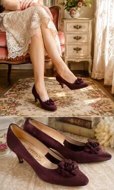 1980s Caressa Eggplant Suede Pumps Floral Heels Narrow -7AAA
